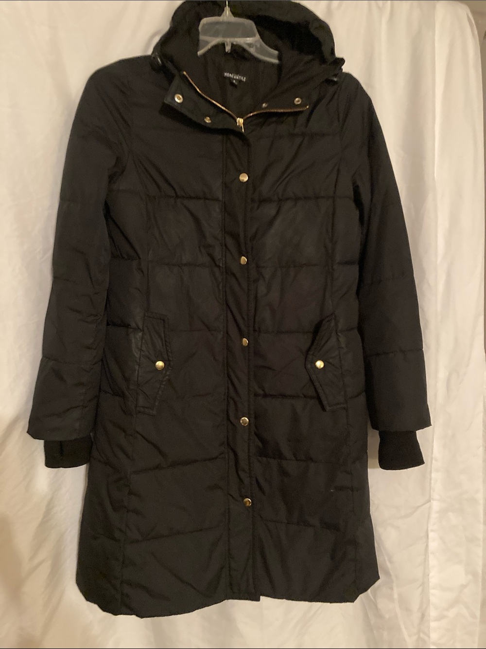 J Crew long Black Quilted Hooded Winter Coat - Women size S